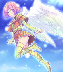 Rule 34 | 1girl, angel, angel wings, bad id, bad pixiv id, blue eyes, blush, boots, dragon quest, dragon quest ix, eeeeee, flying, heroine (dq9), level-5, no panties, pink hair, pteruges, short hair, smile, solo, thigh boots, thighhighs, wings
