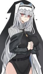 Rule 34 | 1girl, absurdres, arknights, belt, black dress, blush, breasts, covered erect nipples, covered navel, cowboy shot, dress, grey hair, hair between eyes, heart, highres, jewelry, large breasts, long hair, long sleeves, looking at viewer, necklace, nun, own hands clasped, own hands together, parted lips, pelvic curtain, red eyes, shino duka, simple background, smile, solo, specter (arknights), veil, very long hair, white background