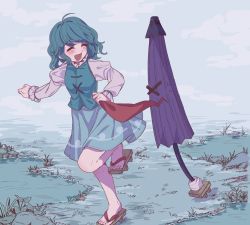 Rule 34 | 1girl, 1other, aqua skirt, blue hair, blue vest, commentary request, dragging, frilled shirt collar, frills, geta, highres, long sleeves, open mouth, puffy sleeves, running, satomachi, shirt, short hair, skirt, smile, sweatdrop, tatara kogasa, tongue, tongue out, touhou, umbrella, vest, white shirt, x x
