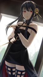 Rule 34 | 1girl, absurdres, black dress, black gloves, black hair, breasts, cleavage, dagger, dress, earrings, fengling (furin-jp), fingerless gloves, gloves, gold earrings, gold hairband, hairband, highres, holding, holding weapon, indoors, jewelry, knife, looking at viewer, medium breasts, parted lips, red eyes, short hair with long locks, sidelocks, solo, spy x family, stiletto (weapon), two-sided dress, two-sided fabric, weapon, window, yor briar
