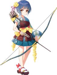 Rule 34 | 1girl, archery, arrow (projectile), artist request, blue hair, blue skirt, bow (weapon), brown eyes, flower, full body, gloves, hair flower, hair ornament, holding, holding arrow, holding bow (weapon), holding weapon, kitsuki (oshiro project), kyuudou, muneate, official art, oshiro project:re, oshiro project:re, partially fingerless gloves, partly fingerless gloves, quiver, short hair, skirt, smile, transparent background, weapon, yugake