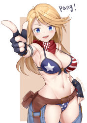 Rule 34 | 1girl, :d, absurdres, alice gear aegis, american flag bikini, american flag print, aomoro, arm strap, armpits, artist name, bare shoulders, belt, belt pouch, bikini, black gloves, blonde hair, blue eyes, blush, bouncing breasts, breasts, brown belt, chaps, cleavage, cowboy shot, dated, dated commentary, finger gun, fingerless gloves, flag print, gloves, groin, highres, large breasts, long hair, looking at viewer, motion lines, navel, open mouth, pouch, print bikini, red scarf, scarf, shirley oakley, sidelocks, smile, solo, standing, stomach, swept bangs, swimsuit, teeth, upper teeth only, white background