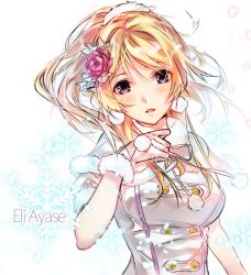 Rule 34 | 10s, 1girl, ayase eli, bad id, bad pixiv id, blonde hair, blue eyes, blush, character name, flower, flower on head, gloves, hair flower, hair ornament, hairband, hand on own chest, idol, long hair, looking at viewer, love live!, love live! school idol project, ponytail, purple eyes, puuko (iberiko neko), scrunchie, snow halation, solo, winter clothes