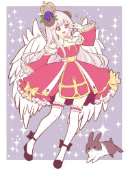 Rule 34 | 1girl, :d, absurdres, animal, black footwear, blue flower, breasts, cleavage, crown, curled horns, dress, flower, frilled sleeves, frilled thighhighs, frills, grey background, grey hair, hair flower, hair ornament, hand up, high priest (ragnarok online), highres, horns, light (luxiao deng), long hair, long sleeves, medium breasts, mini crown, open mouth, rabbit, ragnarok online, red dress, red eyes, shoes, sleeves past wrists, smile, solo, sparkle background, thighhighs, tilted headwear, two-tone background, v over eye, very long hair, white background, wide sleeves