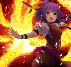 Rule 34 | 1girl, arm ribbon, at-yui, bow, brown dress, dress, fire, fire, hair bow, looking at viewer, open mouth, polearm, ponytail, puffy sleeves, purple hair, pyrokinesis, red eyes, ribbon, sash, shirt, short sleeves, solo, touhou, watatsuki no yorihime, weapon