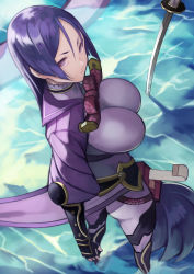 Rule 34 | 1girl, armor, bracer, breasts, fate/grand order, fate (series), fingerless gloves, foreshortening, from above, gloves, high collar, highres, hip armor, katana, large breasts, leg armor, light smile, looking at viewer, looking up, minamoto no raikou (fate), pelvic curtain, puffy sleeves, purple eyes, purple hair, sailor collar, smile, solo, standing, sword, water, weapon, yoshio (55level)