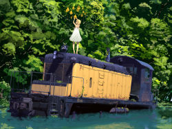 Rule 34 | 1girl, barefoot, blonde hair, diesel locomotive, dress, food, forest, fruit, holding, holding food, holding fruit, kiriman (souldeep), locomotive, nature, original, outdoors, overgrown, pear, ruins, scenery, solo, sundress, tiptoes, train, wallpaper, water, white dress