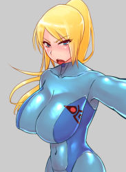 Rule 34 | &gt;:o, 1girl, :o, alternate breast size, angry, armpits, blonde hair, blue eyes, blush, bodysuit, breasts, collarbone, covered collarbone, covered erect nipples, covered navel, emblem, eyebrows, eyes visible through hair, female focus, from side, grey background, high ponytail, huge breasts, impossible bodysuit, impossible clothes, large breasts, long hair, looking at viewer, metroid, multicolored eyes, nintendo, open mouth, outstretched arm, pilot suit, pink eyes, ponytail, reaching, reaching towards viewer, samus aran, selfie, shiny skin, simple background, skin tight, solo, teeth, turtleneck, upper body, v-shaped eyebrows, wolffeld price, zero suit