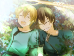 Rule 34 | 10s, 2boys, black hair, blonde hair, eugeo, closed eyes, grin, kirito, laughing, male focus, multiple boys, nature, nyame, open mouth, outdoors, plant, short hair, sky, smile, sword art online, upper body