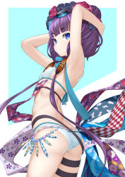 Rule 34 | 1girl, absurdres, armpits, arms behind head, arms up, ass, bare shoulders, beads, belt, bikini, blue eyes, breasts, fate/grand order, fate (series), floral print, goggles, goggles on head, hair ornament, highres, katsushika hokusai (fate), katsushika hokusai (swimsuit saber) (fate), long hair, looking at viewer, obi, purple hair, sash, sidelocks, small breasts, solo, swimsuit, thigh strap, thighs, white bikini, yamachi (xadp7533)
