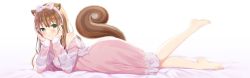 Rule 34 | 1girl, animal ears, ayunda risu, bed sheet, bow, brown hair, dakimakura (medium), dress, feet, green eyes, hair between eyes, hair bow, hair ornament, hands on own cheeks, hands on own face, highres, hololive, hololive indonesia, leg up, long hair, long sleeves, looking at viewer, lying, on stomach, shoulder, simple background, solo, squirrel ears, squirrel tail, strap slip, tail, virtual youtuber, white background, yatomi