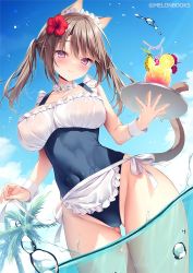 Rule 34 | 1girl, animal ears, apron, blue one-piece swimsuit, blue sky, blush, breasts, brown hair, bubble, cat ears, cat girl, cat tail, closed mouth, cloud, collarbone, copyright name, covered navel, cowboy shot, cup, day, detached collar, drink, drinking glass, dutch angle, flower, food, frilled apron, frills, fruit, hair between eyes, hair flower, hair ornament, highleg, holding, holding plate, large breasts, long hair, looking at viewer, low twintails, maid headdress, melonbooks, no bra, one-piece swimsuit, outdoors, palm tree, partially submerged, plate, purple eyes, red flower, skindentation, sky, smile, solo, swept bangs, swimsuit, tail, tail raised, thighs, tree, twintails, waist apron, water, watermark, wet, wet clothes, wet swimsuit, white apron, wrist cuffs, yatanukikey