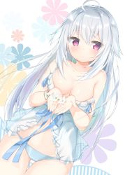Rule 34 | 1girl, ahoge, blue panties, bracelet, breasts, closed mouth, collarbone, cowboy shot, cupping hands, dutch angle, expressionless, highres, jewelry, kamioka shun&#039;ya, lingerie, long hair, looking at viewer, medium breasts, negligee, original, own hands together, panties, pink eyes, silver hair, solo, strap slip, thigh gap, underwear, underwear only