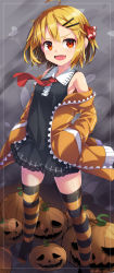 Rule 34 | 1girl, :d, ahoge, bare shoulders, black dress, blonde hair, collared dress, commentary request, dress, fang, full body, hair ornament, hair ribbon, hairclip, hands in pockets, highres, jack-o&#039;-lantern, jacket, long sleeves, looking at viewer, no shoes, off shoulder, open clothes, open jacket, open mouth, orange jacket, puffy long sleeves, puffy sleeves, red eyes, red ribbon, ribbon, rumia, sleeveless, sleeveless dress, smile, solo, standing, striped clothes, striped thighhighs, thighhighs, touhou, uumaru, v-shaped eyebrows