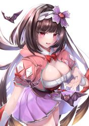 Rule 34 | 1girl, absurdres, bat (animal), blush, bow, bowtie, breasts, brown hair, cleavage, detached sleeves, fate/grand order, fate (series), hair ornament, hairband, hane yuki, highres, hood, hood down, hoodie, large breasts, long hair, looking at viewer, open mouth, origami, osakabehime (fate), purple eyes, purple skirt, red bow, red bowtie, simple background, skirt, solo, very long hair, white background