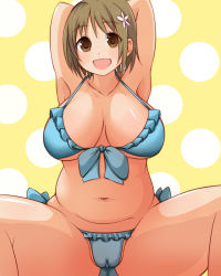Rule 34 | 10s, 1girl, armpits, arms behind head, arms up, bikini, blush, breasts, brown eyes, brown hair, cameltoe, cleavage, female focus, flower, hair flower, hair ornament, idolmaster, idolmaster cinderella girls, large breasts, long hair, looking at viewer, mimura kanako, navel, open mouth, plump, short hair, smile, solo, spread legs, squatting, swimsuit, thick thighs, thighs, wide hips, yamaarashit