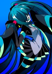 Rule 34 | 0tya00ml, 1girl, absurdres, aqua tongue, black skirt, black sleeves, blue background, blue hair, breasts, collared shirt, colored skin, covered eyes, cowboy shot, detached sleeves, grey shirt, hair ornament, hair over eyes, hands up, hatsune miku, highres, long bangs, long hair, long sleeves, mekakure miku (homma nuruneko), miniskirt, necktie, open mouth, pleated skirt, sharp teeth, shirt, simple background, skirt, sleeveless, sleeveless shirt, sleeves past fingers, sleeves past wrists, small breasts, smile, solo, standing, teeth, twintails, very long hair, vocaloid, white skin