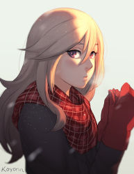 Rule 34 | 10s, 1girl, alisa ilinichina amiella, artist name, blonde hair, blush, breath, closed mouth, from side, god eater, grey background, hair between eyes, koyorin, light particles, lips, long hair, looking at viewer, looking to the side, mittens, no headwear, no headwear, plaid, plaid scarf, red eyes, red mittens, red scarf, scarf, solo, sunlight