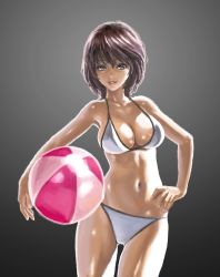 Rule 34 | 1girl, ball, beachball, bikini, black background, breasts, brown eyes, brown hair, commentary request, cowboy shot, gluteal fold, hand on own hip, holding, ikeda (hayato), large breasts, light smile, lips, looking at viewer, medium hair, navel, original, parted lips, skindentation, solo, standing, string bikini, swimsuit, thighs