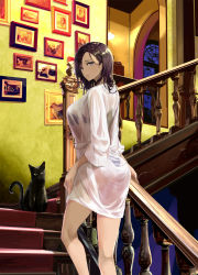 Rule 34 | 1girl, arch, ass, banister, black bra, black panties, bra, bra under clothes, bra visible through clothes, brown eyes, brown hair, carpet, cat, chef no kimagure salad, from behind, from below, hand on own thigh, hand on railing, highres, indoors, leg lift, light, light smile, lights, lingerie, looking at viewer, looking back, open mouth, original, panties, pedestal, photo (object), picture frame, robe, see-through, solo, stairs, statuette, thong, underwear, window