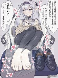 Rule 34 | 1girl, barefoot, blue archive, blush, doombreak, feet, grey eyes, grey hair, hairband, highres, himari (blue archive), loafers, long hair, looking at viewer, pointy ears, shoes, smile, steam, sweat, toes, translated, unworn shoes
