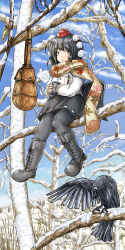 Rule 34 | 1girl, alternate costume, bag, bare tree, bird, bird wings, black hair, black pantyhose, black wings, boots, cloud, cross-laced footwear, crow, day, full body, hat, highres, holding, in tree, long sleeves, outdoors, pantyhose, pom pom (clothes), red eyes, red hat, scarf, shameimaru aya, short hair, sitting, skirt, sky, snow, solo, tokin hat, touhou, tree, wings, winter, winter clothes, ys (ytoskyoku-57)