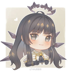 Rule 34 | 1girl, ahoge, arknights, artist name, ascot, belt, black ascot, black eyes, black gloves, black hair, black halo, black shirt, black wings, blunt bangs, blush, border, broken halo, chibi, chinese commentary, chinese text, closed mouth, collared jacket, colored inner hair, commentary request, cropped torso, dark halo, detached wings, energy wings, film grain, gloves, grey hair, halo, hands up, heart, hime cut, index fingers raised, jacket, layered sleeves, light smile, long hair, long sleeves, looking at viewer, mole, mole under eye, multicolored hair, no nose, outline, outside border, pale skin, sepia background, shadow, shirt, short over long sleeves, short sleeved jacket, short sleeves, sidelocks, simple background, solo, standing, two-tone hair, upper body, variant set, very big eyes, virtuosa (arknights), watermark, weibo 2870467642, weibo logo, weibo username, white belt, white border, white jacket, white outline, wide sleeves, wing collar, wings