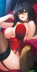 Rule 34 | 1girl, ahoge, azur lane, bare arms, big hair, black hair, black thighhighs, blush, breasts, collarbone, couch, covered erect nipples, dress, garter straps, hair between eyes, large breasts, long hair, looking at viewer, looking down, official alternate costume, on couch, open mouth, red dress, red eyes, sitting, smile, snowball22, solo, taihou (azur lane), taihou (forbidden feast) (azur lane), thighhighs, underbust