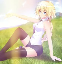 Rule 34 | 1girl, arm support, bare shoulders, between breasts, black shorts, black thighhighs, blonde hair, blue eyes, blurry, blurry background, bow, braid, breasts, covered erect nipples, day, eyes visible through hair, fate/apocrypha, fate (series), hair bow, halterneck, highres, jeanne d&#039;arc (fate), jeanne d&#039;arc (girl from orleans) (fate), jeanne d&#039;arc (ruler) (fate), light smile, long hair, medium breasts, necktie, necktie between breasts, outdoors, outstretched arm, photo background, shorts, single braid, sitting, smile, thighhighs, very long hair, yahoo0124