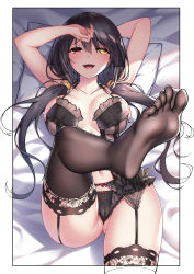 Rule 34 | 1girl, :d, absurdres, arm behind head, armpits, arms up, bed sheet, black panties, black thighhighs, blush, border, breasts, cameltoe, cleavage, clock eyes, collarbone, commentary request, date a live, feet, frills, from above, garter belt, heterochromia, highres, large breasts, leg up, lingerie, long hair, looking at viewer, low twintails, lying, navel, on back, on bed, open mouth, outside border, panties, red eyes, smile, soles, solo, symbol-shaped pupils, thighhighs, toes, tokisaki kurumi, twintails, underwear, underwear only, white border, yellow eyes, zijiang