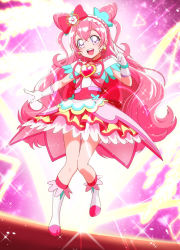 Rule 34 | 1girl, :d, apron, boots, bow, brooch, choker, cone hair bun, cure precious, delicious party precure, double bun, earrings, flower, frilled apron, frilled hairband, frills, full body, gloves, hair bow, hair bun, hair flower, hair ornament, hairband, heart, heart brooch, highres, jewelry, knee boots, layered skirt, long hair, looking at viewer, magical girl, multicolored clothes, multicolored skirt, nagomi yui, open mouth, pink background, pink bow, pink choker, pink hair, pink hairband, pink theme, precure, purple eyes, skirt, smile, solo, standing, standing on one leg, tj-type1, two side up, v, white apron, white footwear, white gloves