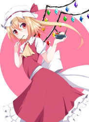 Rule 34 | 1girl, akiira, ascot, back bow, blonde hair, bow, collared shirt, crystal, eating, flandre scarlet, food, frilled shirt collar, frilled skirt, frills, hair between eyes, hat, hat ribbon, highres, holding, holding food, ice cream cup, large bow, looking at viewer, multicolored wings, pocky, puffy short sleeves, puffy sleeves, red background, red eyes, red ribbon, red skirt, red vest, ribbon, shirt, short sleeves, simple background, skirt, skirt set, solo, touhou, vest, white background, white bow, white hat, white shirt, wings, yellow ascot