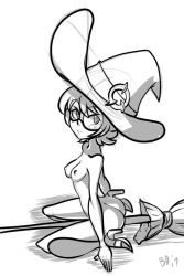 Rule 34 | 10s, 1girl, ass, bigdead, breasts, broom, female focus, little witch academia, lotte jansson, monochrome, nipples, nude, simple background, small breasts, solo, witch