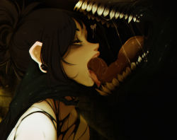 Rule 34 | 1girl, black bear, black eyes, black hair, blush, claws, creature, cropped, earrings, fingernails, half-closed eyes, heart, highres, jewelry, kiss, long fingernails, medium hair, monster, monster girl, obj shep, open mouth, original, saliva, saliva trail, sharp fingernails, sharp teeth, single earring, teeth, tongue, tongue out, torn clothes