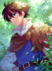 Rule 34 | 1boy, bartz klauser, belt, belt buckle, blue eyes, blue tunic, brown belt, brown hair, buckle, cape, closed mouth, collared shirt, commentary request, dappled sunlight, final fantasy, final fantasy v, hair between eyes, hand on own hip, leaf, long sleeves, looking to the side, male focus, outdoors, plant, popped collar, red cape, sanroku 3, shirt, short hair, solo, sunlight, twitter username, upper body, white shirt