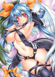 Rule 34 | 1girl, arm up, armpits, artist name, at classics, black thighhighs, blue hair, bow, breasts, cameltoe, closed mouth, covered erect nipples, cowboy shot, dizzy (guilty gear), guilty gear, guilty gear x, guilty gear xrd, guilty gear xx, hair between eyes, hair ribbon, hand up, high heels, large breasts, long hair, looking at viewer, navel, orange bow, orange ribbon, red eyes, ribbon, sample watermark, skindentation, smile, solo, thigh gap, thigh strap, thighhighs, twintails, underboob, very long hair, watermark, wings