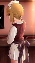 Rule 34 | 1girl, adjusting hair, apron, bartender, black apron, blonde hair, blurry, blurry background, bob cut, brown eyes, brown vest, commentary request, cowboy shot, cutlass (girls und panzer), depth of field, dress shirt, from behind, girls und panzer, highres, indoors, kitayama miuki, long sleeves, looking at viewer, looking back, maid headdress, nape, partial commentary, shirt, short hair, solo, standing, vest, waist apron, white shirt