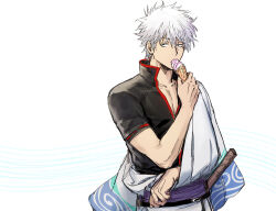 Rule 34 | 1boy, absurdres, black shirt, bokken, collarbone, food, gintama, grey hair, hadanugi dousa, hair between eyes, hand up, highres, holding, holding food, ice cream, ice cream cone, japanese clothes, kimono, long sleeves, looking at viewer, male focus, open clothes, open kimono, red eyes, sakata gintoki, shirt, short sleeves, simple background, soft serve, solo, sword, uraki (tetsu420), weapon, white background, white kimono, wooden sword