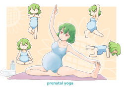 Rule 34 | 1girl, :o, all fours, arm up, arms up, bare legs, barefoot, big belly, blue leotard, bottle, breasts, butterfly sitting, chibi, commentary request, commission, english text, exercising, flower, frown, green hair, hair between eyes, highres, kazami yuuka, leg up, leotard, medium breasts, multiple views, mutou youshun, on floor, pregnant, red eyes, short hair, sitting, skeb commission, smile, standing, standing on one leg, stretching, sunflower, toes, touching toes, touhou, towel, water bottle, yoga, yoga mat