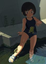 Rule 34 | 1girl, 2equal8, black hair, blush, canal, day, frog, highres, nature, one-piece swimsuit, open mouth, original, outdoors, plant, red eyes, river, sawada kanako, school swimsuit, short hair, slippers, solo, swimsuit, water