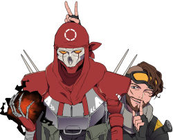 Rule 34 | 2boys, animification, apex legends, bandana, black nails, brown hair, bunny ears prank, classic revenant, energy, eyebrow cut, facial hair, facial scar, finger to mouth, fingerless gloves, gloves, goatee, goggles, goggles on head, humanoid robot, male focus, mirage (apex legends), mizu cx, multiple boys, nail polish, one eye closed, open hand, red bandana, revenant (apex legends), robot, scar, scar on cheek, scar on face, science fiction, upper body, v, white background, yellow eyes