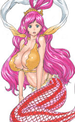 Rule 34 | 1girl, 66head, bare shoulders, blue eyes, breasts, cleavage, fishman island, huge breasts, large breasts, long hair, mermaid, midriff, monster girl, one piece, open mouth, pink hair, shirahoshi, simple background, solo, surprised