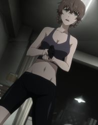 Rule 34 | 1girl, absurdres, amane suzuha, bike shorts, braid, breasts, brown hair, gun, highres, indoors, long hair, midriff, navel, open mouth, screencap, skin tight, solo, sports bra, steins;gate, steins;gate 0, stitched, thighs, third-party edit, twin braids, weapon, yellow eyes