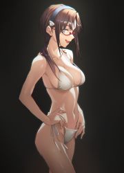 Rule 34 | 1girl, :d, bare arms, bare shoulders, bikini, blue eyes, blue hairband, breasts, brown hair, chinese commentary, cleavage, commentary request, cowboy shot, doconim, glasses, hairband, halterneck, hands on own hips, highres, long hair, low ponytail, makinami mari illustrious, medium breasts, navel, neon genesis evangelion, open mouth, red-framed eyewear, ribbon, semi-rimless eyewear, side-tie bikini bottom, smile, solo, stomach, strap gap, string bikini, swimsuit, under-rim eyewear, white bikini, white ribbon