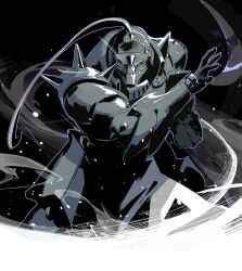 Rule 34 | 1boy, alphonse elric, armor, black background, clenched hand, cofffee, full armor, fullmetal alchemist, hand up, living armor, looking at viewer, male focus, open hand, shoulder spikes, simple background, solo, spikes