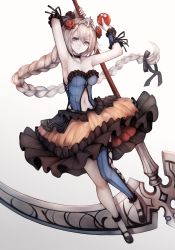 Rule 34 | 1girl, apple, armpits, asymmetrical legwear, bad id, bad pixiv id, bare shoulders, black choker, black footwear, black ribbon, blonde hair, blue eyes, bracer, braid, breasts, choker, cleavage, closed mouth, clothing cutout, floating hair, food, frilled skirt, frills, fruit, gradient background, grey background, hair between eyes, hair ribbon, hand up, highres, holding, holding weapon, long hair, looking at viewer, medium breasts, navel, navel cutout, original, pale skin, red apple, revision, ribbon, scythe, shoes, single braid, skirt, snm (sunimi), snow white, snow white (grimm), solo, uneven legwear, very long hair, weapon