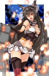 Rule 34 | 10s, 1girl, bare shoulders, blush, breasts, brown hair, cleavage, covering privates, covering breasts, elbow gloves, fingerless gloves, gloves, hair ornament, kantai collection, large breasts, long hair, midriff, miniskirt, nagato (kancolle), navel, open mouth, personification, red eyes, skirt, solo, tetsu (kimuchi), thighhighs, torn clothes, wince