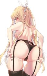 Rule 34 | ass, ass focus, backboob, black panties, black thighhighs, blonde hair, breasts, chukibabo2, commission, dungeon and fighter, garter straps, hair ribbon, highres, long hair, looking back, medium breasts, original, panties, pointy ears, red eyes, ribbon, thighhighs, thighs, underwear