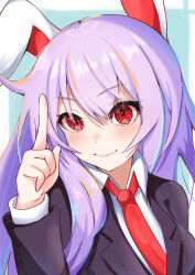 Rule 34 | 1girl, absurdres, animal ears, black jacket, blue background, border, breasts, closed mouth, collared shirt, commentary request, finger gun, happy, highres, jacket, komori hiki16, long hair, long sleeves, necktie, purple hair, rabbit ears, rabbit girl, red eyes, red necktie, reisen udongein inaba, shirt, sidelocks, small breasts, smile, solo, touhou, upper body, very long hair, white border, white shirt