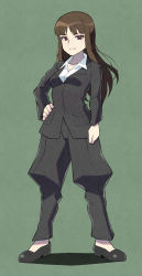 Rule 34 | 1girl, absurdres, black footwear, black pants, brown eyes, brown hair, closed mouth, full body, girls und panzer, green background, highres, long hair, long sleeves, looking at viewer, mature female, nakachiruno, nishizumi shiho, pants, simple background, solo
